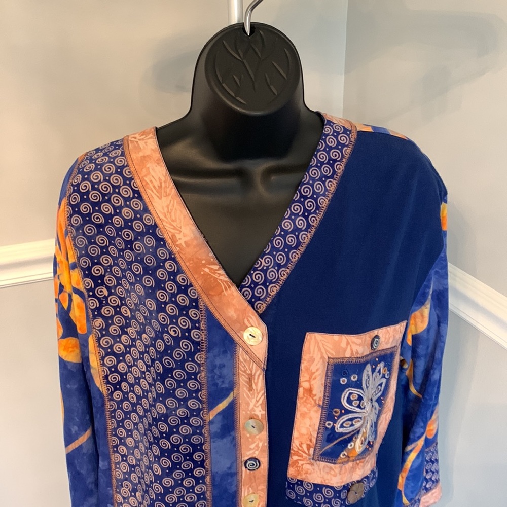 Bali Emerald Blue Batik Multi Media Button Front Tunic Size S